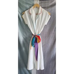 Vintage 70s Act 1 NY White‎ Shirt Dress with Colorful Piping and Rainbow Belt